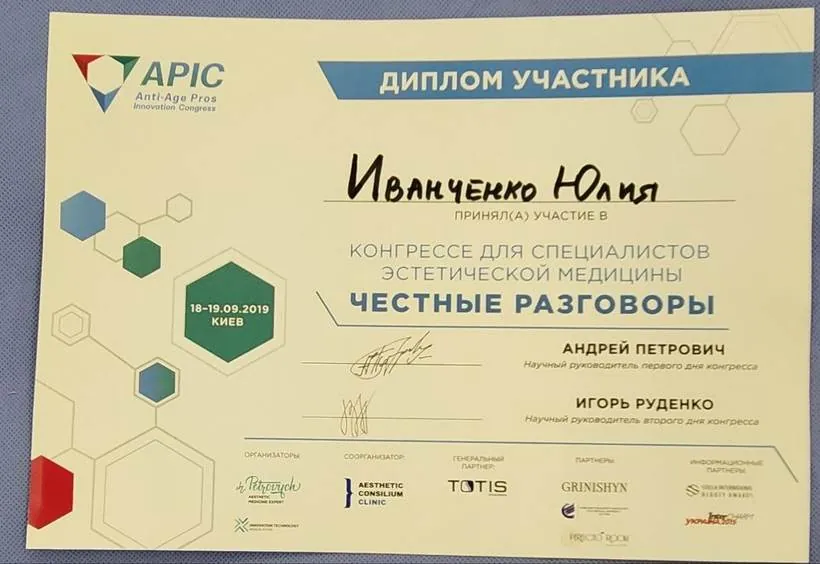 Диплом учасника конгресу APIC, Київ, 2019