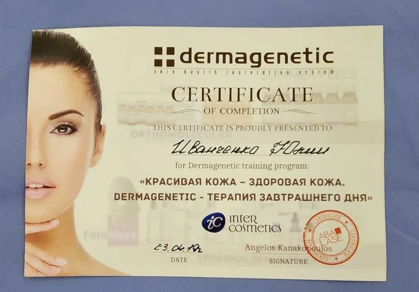 Сертифікат Dermagenetic, Inter Cosmetics, 2019